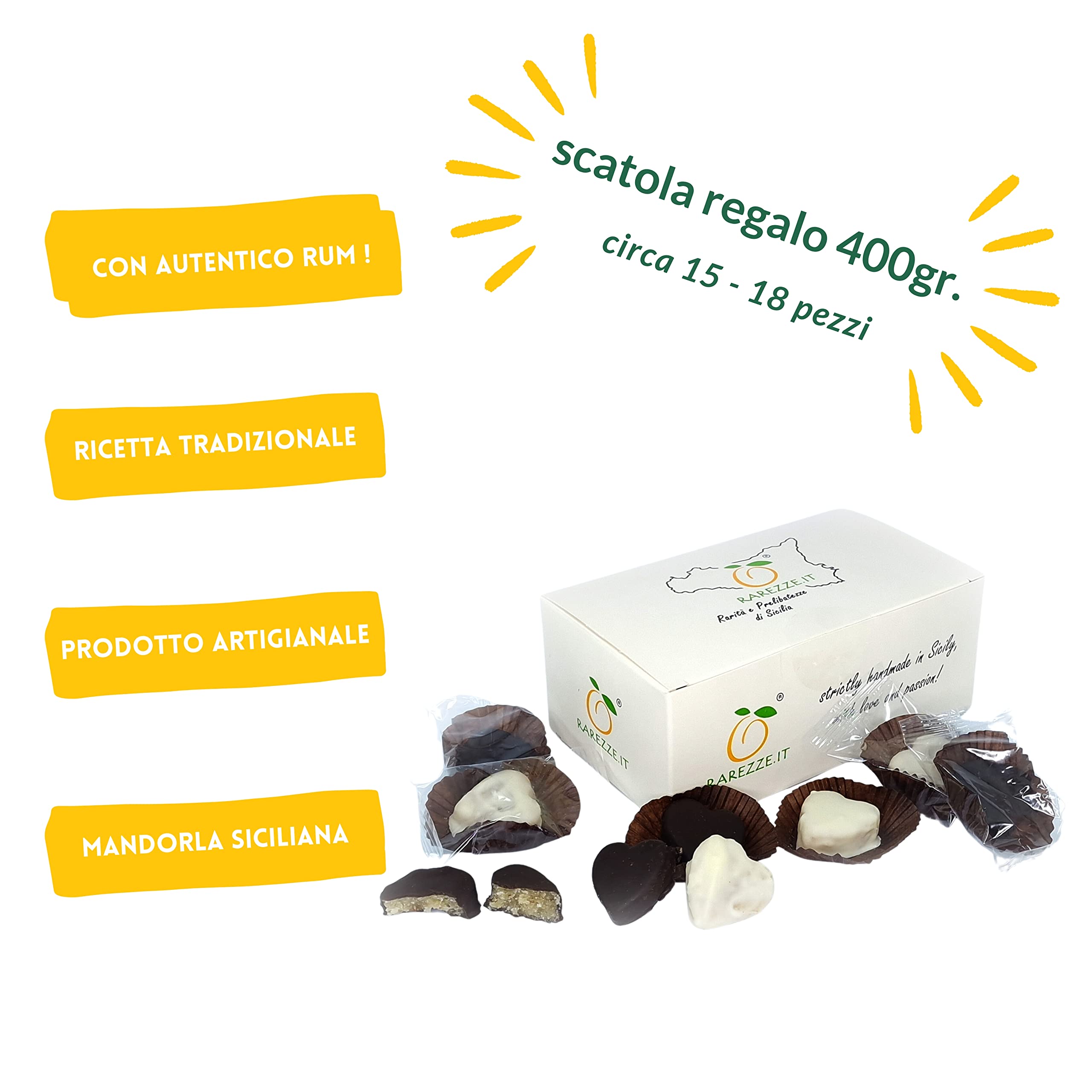 Rarezzze Cuori al Rum Paste di Mandorla 400 g al cioccolato