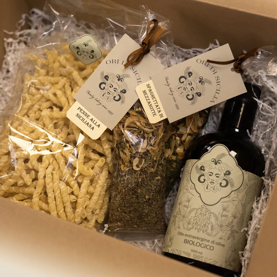 Ori di Sicilia Box Mazzarino cesto regalo spaghettata mezzanotte bio
